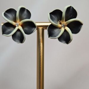 Polymer Clay Black Plumeria And Rhinestone Post Earrings